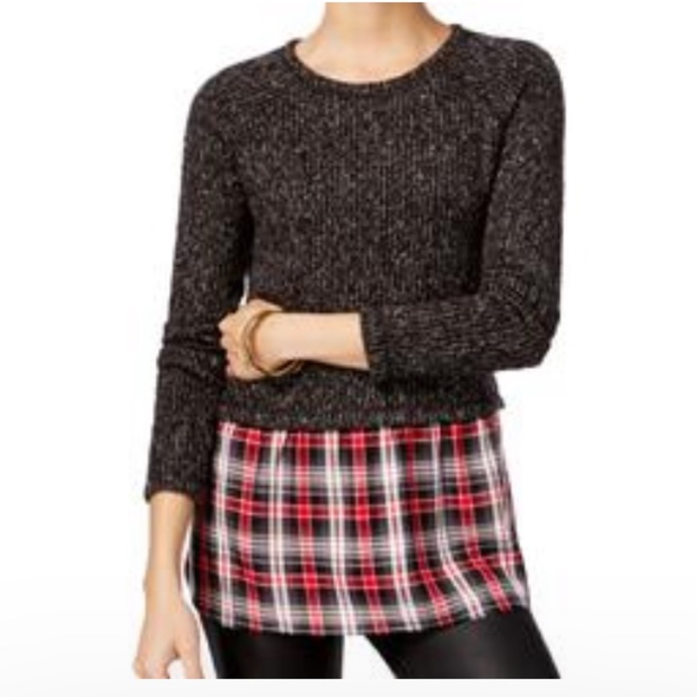 Sanctuary Women's Red Plaid Mixed-Media Tunic Sweater